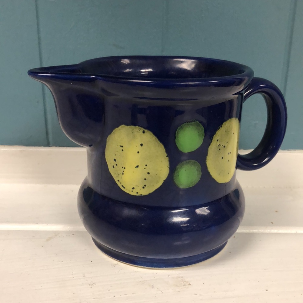 Vintage 4” Cream Pitcher Cobalt Blue with yellow green‎ painted spots